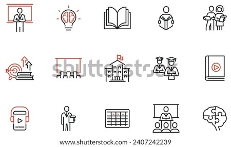 Vector Set of Linear Icons Related to Educational Process, Training, Tutorship and Lecture. Mono line pictograms and infographics design elements