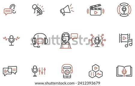 Vector Set of Linear Icons Related to Dubbing Production, Movie Translation and Audio Editing. Mono line pictograms and infographics design elements