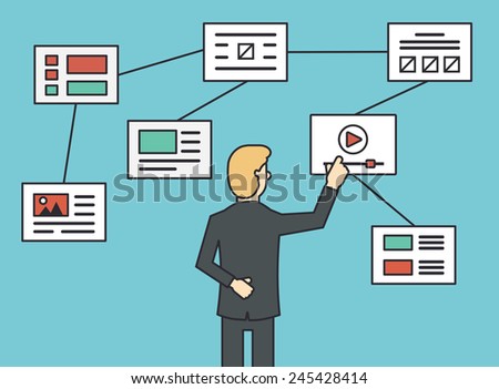Using website flowchart sitemap connecting, working algorithm and navigation site structure. Flat line style - vector illustration