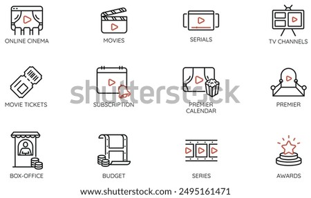 Vector Set of Linear Icons Related to Cinema, Cinematography, Premiere Show. Mono line pictograms and infographics design elements