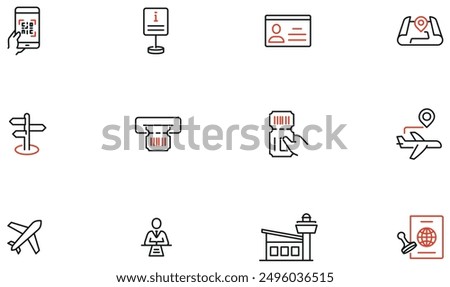 Vector Set of Linear Icons Related to Air Travel, Boarding pass and Airplane Ticket. Mono line pictograms and infographics design elements