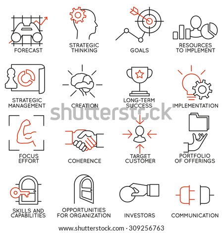 Vector set of 16 icons related to business management, strategy, career progress and business process. Mono line pictograms and infographics design elements - part 2