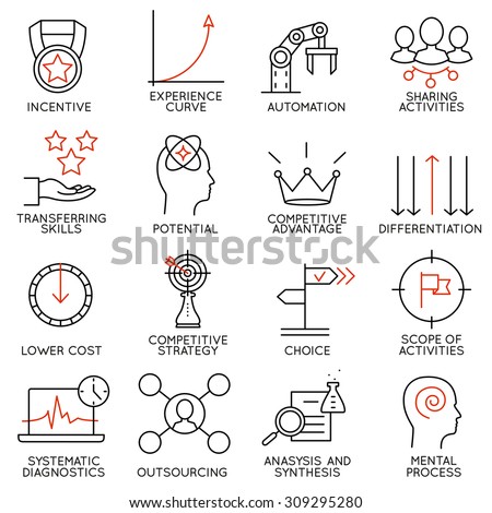 Vector set of 16 icons related to business management, strategy, career progress and business process. Mono line pictograms and infographics design elements - part 4