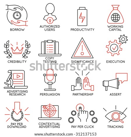 Vector set of 16 icons related to business management, strategy, career progress and business process. Mono line pictograms and infographics design elements - part 11