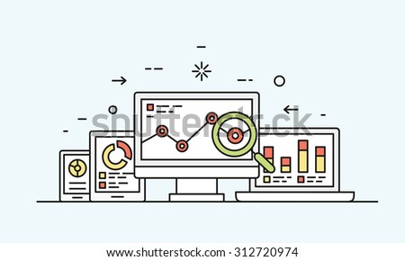 Vector concept of website analytics search information and computing data analysis using electronic and mobile devices. Isolated on blue background