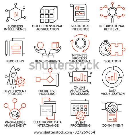 Vector set of 16 icons related to business management, strategy, career progress and business process. Mono line pictograms and infographics design elements - part 25