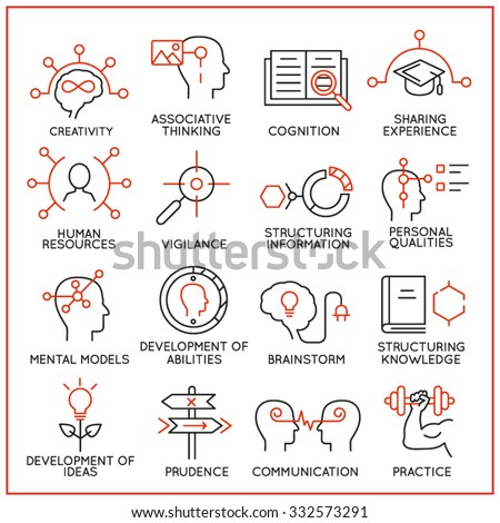 Vector set of 16 icons related to human resource management, mental process and useful abilities. Mono line pictograms and infographics design elements - part 1