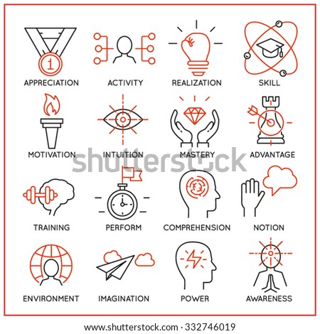 Vector set of 16 icons related to human resource management, mental process and useful abilities. Mono line pictograms and infographics design elements - part 2