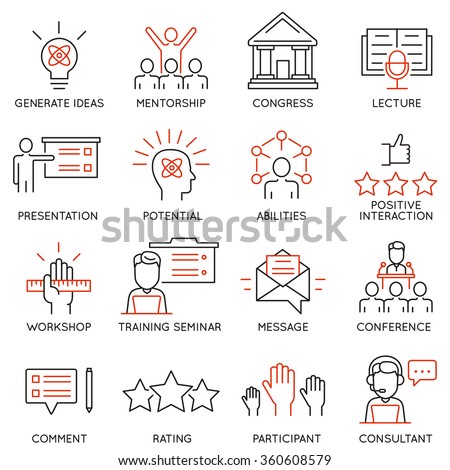 Vector set icons related to career progress, corporate management, business people training and professional consulting service. Mono line pictograms and infographics design elements 