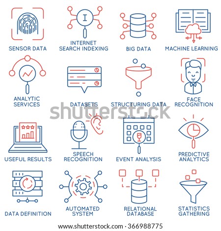 Vector set of 16 icons related to business and data management, analytic service and datasets. Mono line pictograms and infographics design elements - part 1
