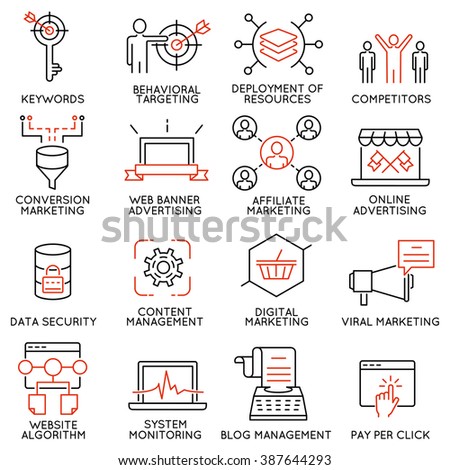 Vector set of 16 icons related to business management, strategy, career progress and business process. Mono line pictograms and infographics design elements - part 45