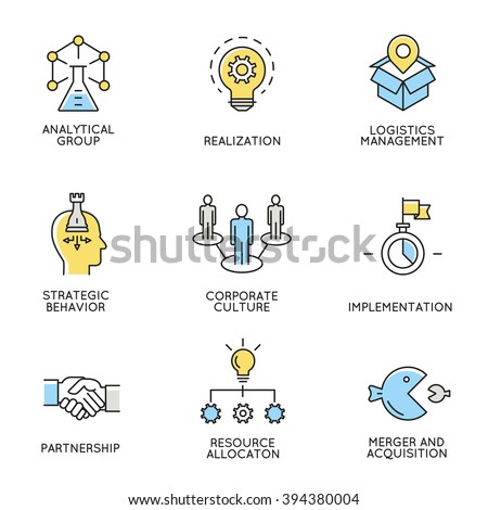 Vector set of icons related to business, corporate management, employee organization and customer relationship management. Flat line pictograms and infographics design elements - part 3