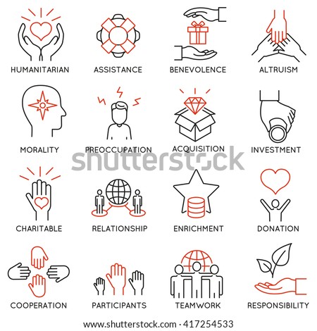 Vector set of 16 thin icons related to altruism, benevolence, human responsible and beneficence. Altruism, Benevolence Icons. Mono line pictograms and infographics design elements - part 1