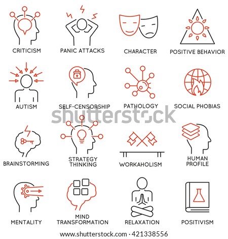 Vector set of 16 modern thin line icons related to mental features of human brain process, mental disorders. Simple Mono line pictograms and infographics design elements and symbols - part 2