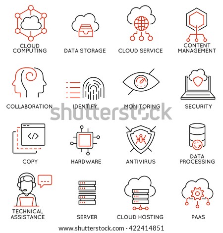 Vector set of 16 modern thin line icons related to cloud computing service and data storage. Simple mono line pictograms and infographics design symbols - part 1