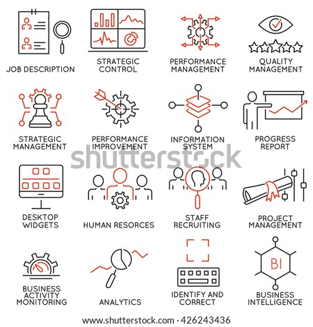 Vector Set of 16 Modern Thin Line Icons Related to Strategy Management System and Balanced Scorecard. Simple mono line pictograms and infographics design symbols - part 2