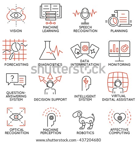 Vector set of 16 thin icons related to artificial intelligence and data science. Mono line pictograms and infographics design elements - part 1
