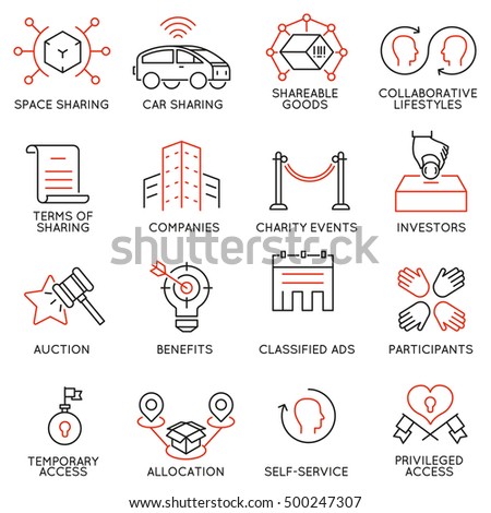 Vector set of 16 thin icons related to altruism, cooperation, collaborative consumption and volunteering. Mono line pictograms and infographics design elements - part 2