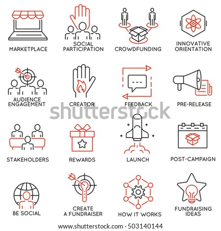 Vector set of 16 thin icons related to crowdfunding, crowdsourcing, fundraising and support. Mono line pictograms and infographics design elements 