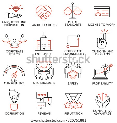 Vector set of 16 icons related to business ethics, management, strategy and development. Mono line pictograms and infographics design elements - part 1