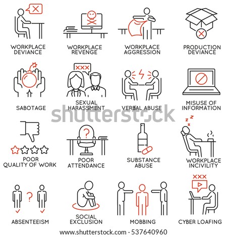 Vector set of 16 icons related to business ethics, organizational behavior in the workplace and workplace incivility. Mono line pictograms and infographics design elements - part 1