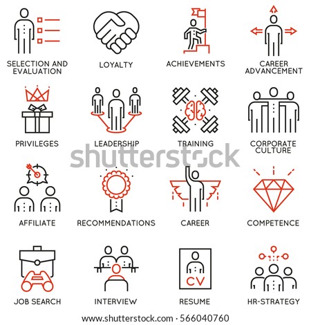 Vector set of 16 linear quality icons related to business management, strategy, career progress and business process. Mono line pictograms and infographics design elements - part 2