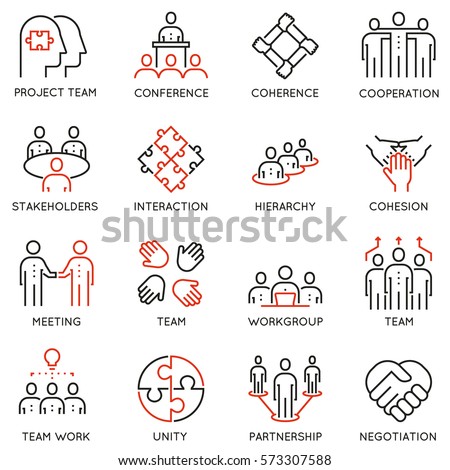 Vector set of 16 linear quality icons related to team work, career progress and business process. Mono line pictograms and infographics design elements 