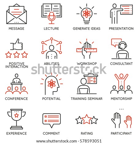 Vector set of linear icons related to career progress, corporate management, business people training and professional consulting service. Pictograms and infographics outline elements 