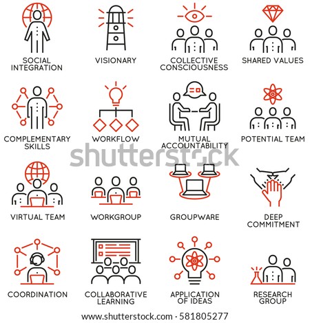 Vector set of 16 linear quality icons related to team work, career progress and business process. Mono line pictograms and infographics design elements - part 3