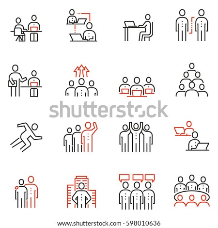 Vector set of 16 linear quality icons related to team work, human resources, business interaction. Mono line pictograms and infographics design elements