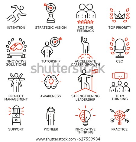 Vector set icons related to career progress, coaching, business people training, tutorship and professional consulting service. Mono line pictograms and infographics design elements - part 4