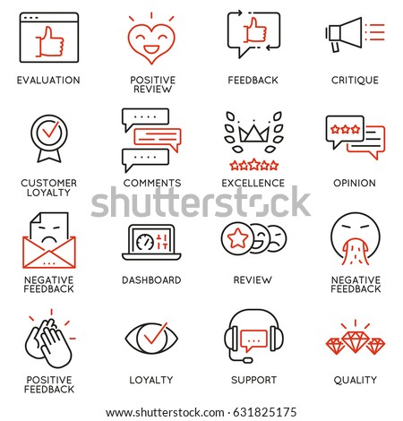 Vector Set Of Linear Icons Related to Feedback, Review and Customer Relationship Management. Mono Line Pictograms and Infographics Design Elements