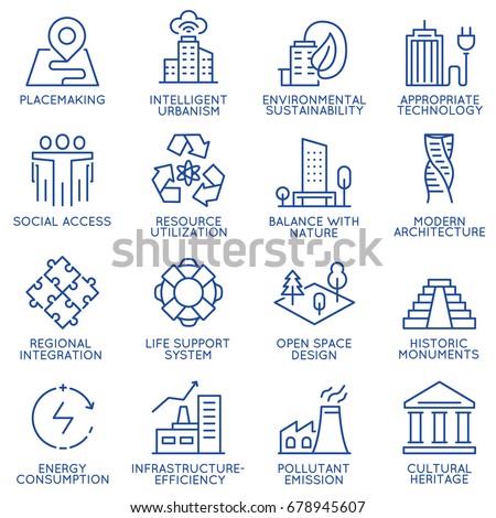 Vector set of thin linear 16 icons related to technology for intelligent urbanism, smart city and urban development. Mono line pictograms and infographics design elements - part 1 Stockfoto © 