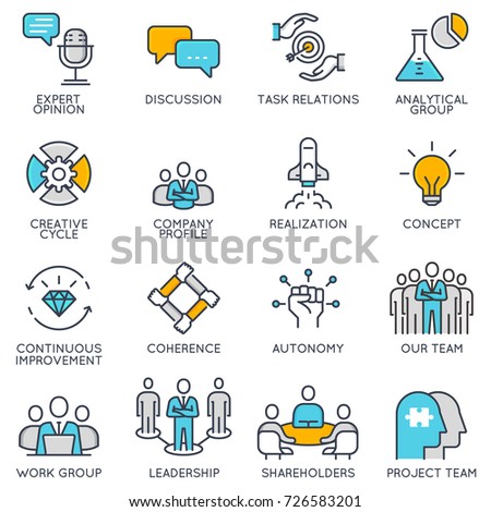 Vector flat linear icons related to business management, strategy, career progress and business process. Flat pictograms and infographics design elements - part 1