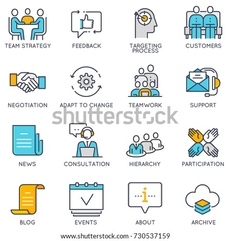 Vector flat linear icons related to business management, strategy, career progress and business process. Flat pictograms and infographics design elements