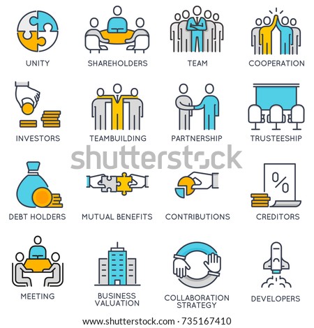 Vector flat linear icons related to business process, team work and human resource management. Flat pictograms and infographics design elements