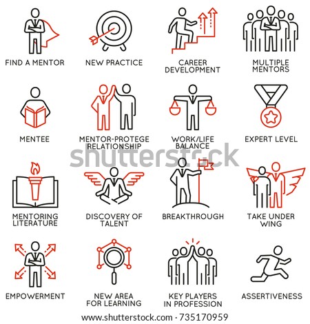 Vector set icons related to career progress, corporate management, business people training, tutorship and professional consulting service. Line pictograms and infographics design elements - part 4