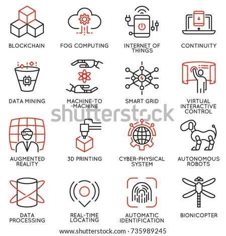 Vector set of 16 linear icons related to future innovation technology. Mono line pictograms and infographics design elements - part 2