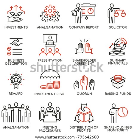 Vector set of linear icons related to business process, team work, human resource management and stakeholders. Mono line pictograms and infographics design elements - part 3