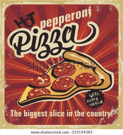 Retro pizza sign, background, template pizza box design. Retro pizzeria poster on old paper texture. Layered.