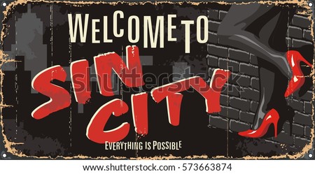 Vintage tin city sign. Underground poster. Old city mark. Welcome to. Retro souvenirs or postcard templates on rust background.