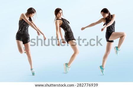 collage of three girls in full growth in sportswear dancing on a blue background