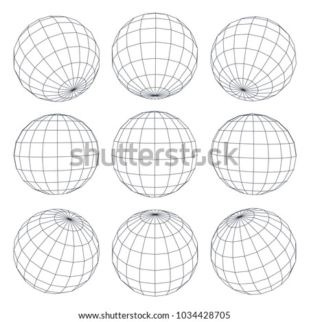 Set of 3d spheres globe earth grid from different sides. Horizontal and vertical lines, latitude and longitude. Neural information concept. Vector globe