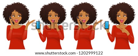 Surprised african american woman with phone and afro hairstyle vector illustration