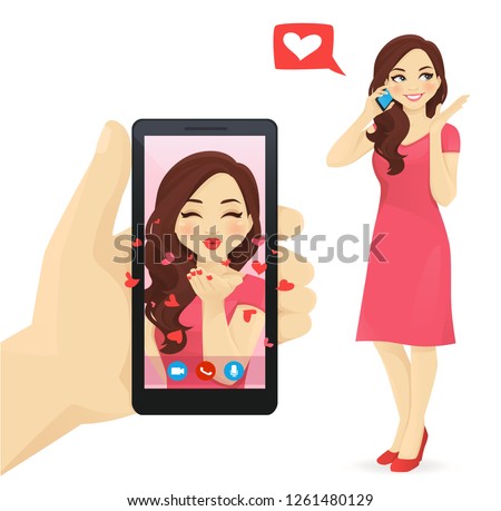 Pretty women talking on the mobile phone. Hand holding smartphone withonline female making air kiss video chat vector illustration