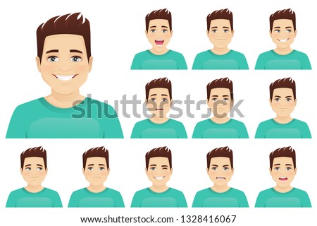 Young man with different facial expressions set vector illustration isolated
