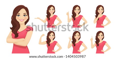 Smiling beatiful woman with curly hairstyle set with different gestures isolated