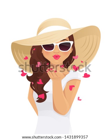 Beatiful woman in straw summer hat and sunglasses sends air kiss isolated vector illustration