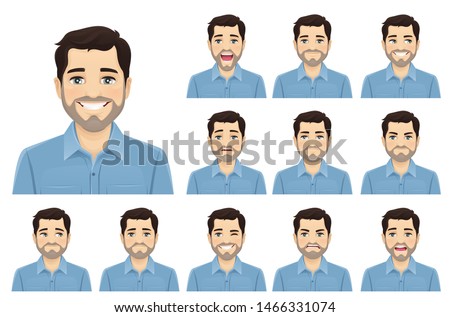 Handsome bearded man with different facial expressions set vector illustration isolated