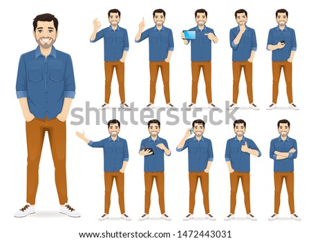 Man in casual outfit set with different gestures isolated